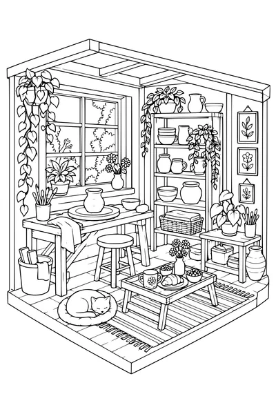 Coloriage: Atelier de poterie douillet avec un plateau de petit-déjeuner.