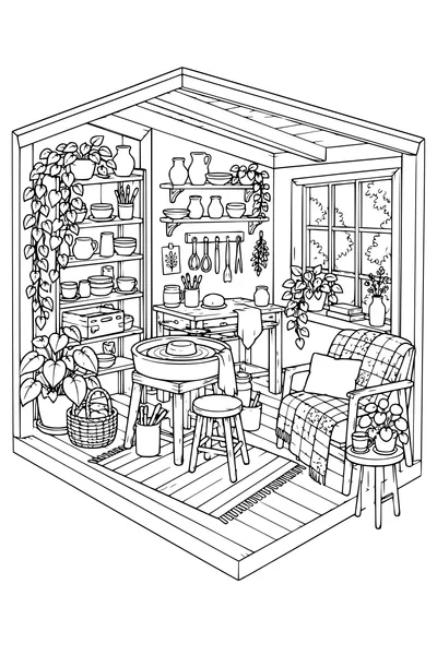 Coloriage: Atelier de poterie douillet avec une couverture patchwork.