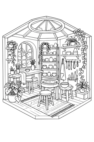 Coloriage: Atelier de poterie douillet avec une lucarne ronde.