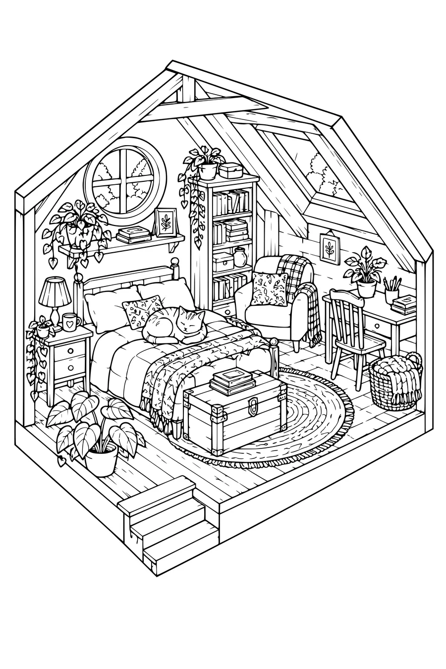 Coloriage: Chambre mansardée douillette avec un chat endormi.