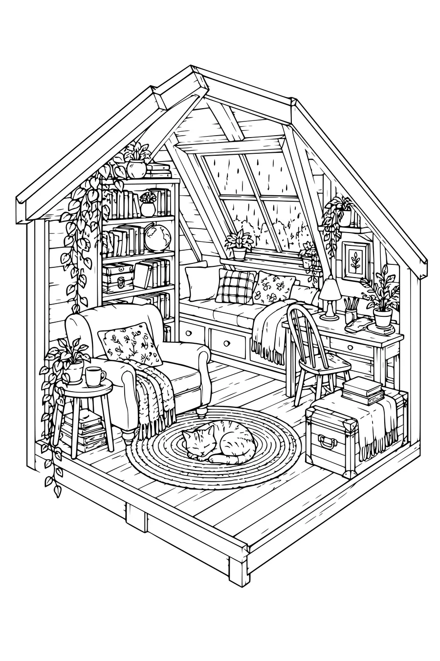 Ausmalbild: Gemütliches Dachzimmer mit Regenfenster.