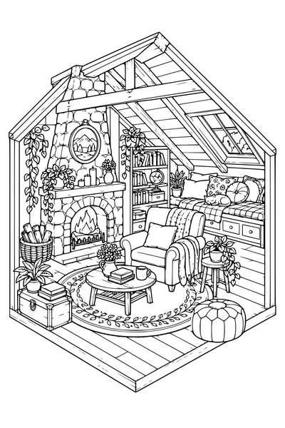 Coloriage: Chambre mansardée douillette avec une cheminée.