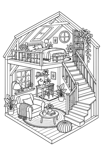 Coloriage: Chambre mansardée douillette avec une bibliothèque d’escalier.