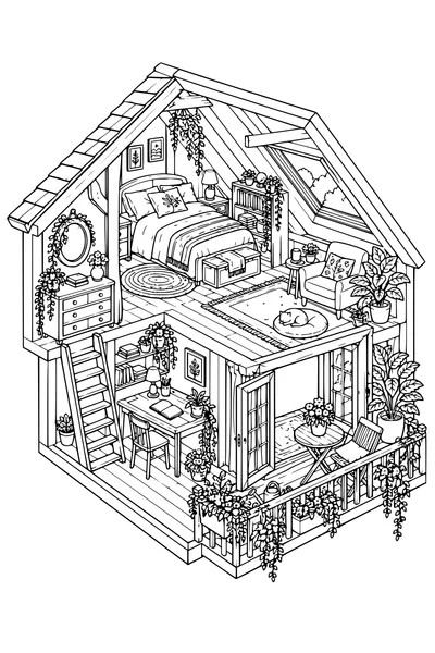 Coloriage: Chambre mansardée douillette avec un balcon fleuri.