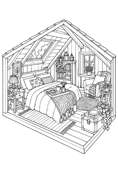 Coloriage: Chambre mansardée douillette avec un plateau de petit-déjeuner.