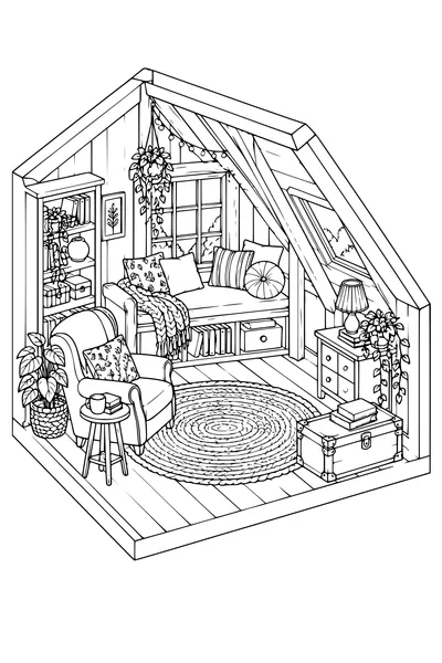 Coloriage: Chambre mansardée douillette avec un coin lecture.