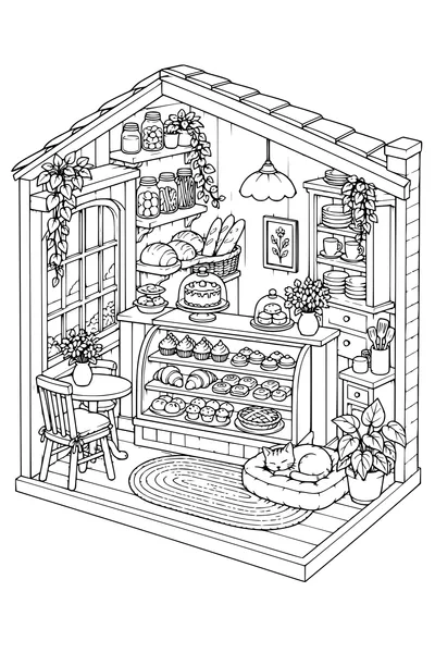 Coloriage: Boulangerie douillette avec un chat endormi.