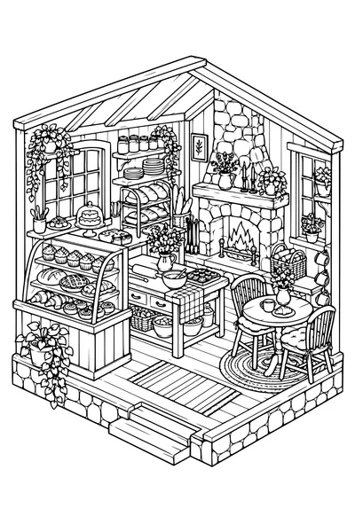 Coloriage: Boulangerie douillette avec une cheminée.