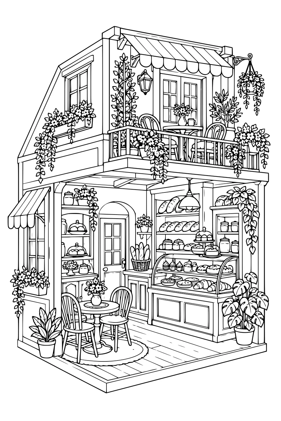 Ausmalbild: Gemütliche Bäckerei mit Pflanzenbalkon.