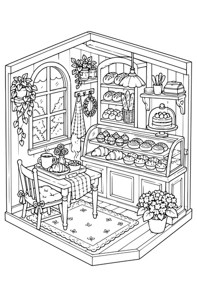 Coloriage: Boulangerie douillette avec un plateau de petit-déjeuner.