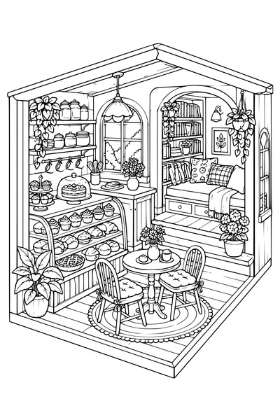 Coloriage: Boulangerie douillette avec un coin lecture.