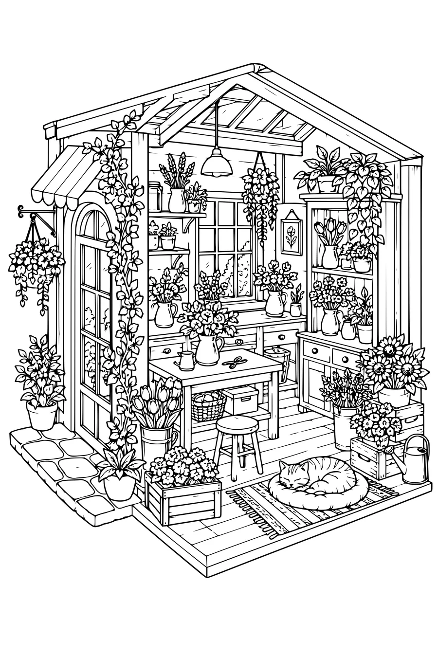 Ausmalbild: Gemütlicher Blumenladen mit schlafender Katze.