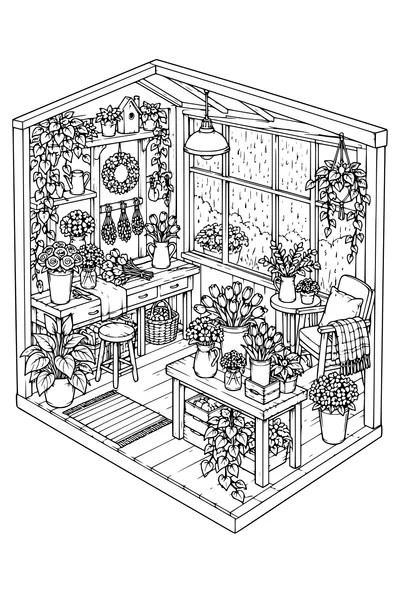 Coloriage: Boutique de fleurs douillette avec une fenêtre pluvieuse.