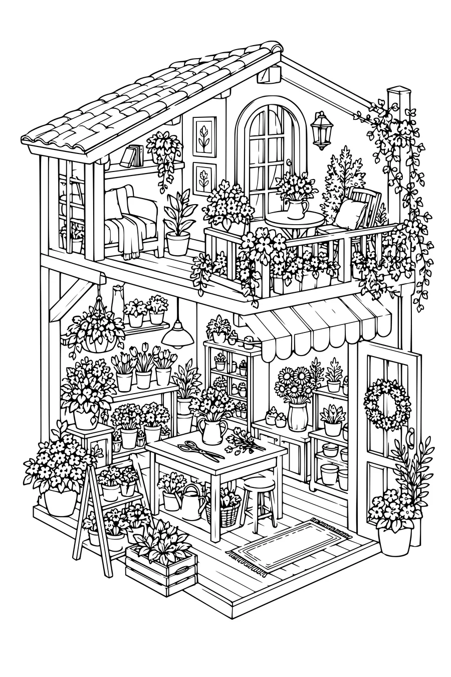 Coloring page: Cozy flower shop with a plant-filled balcony.