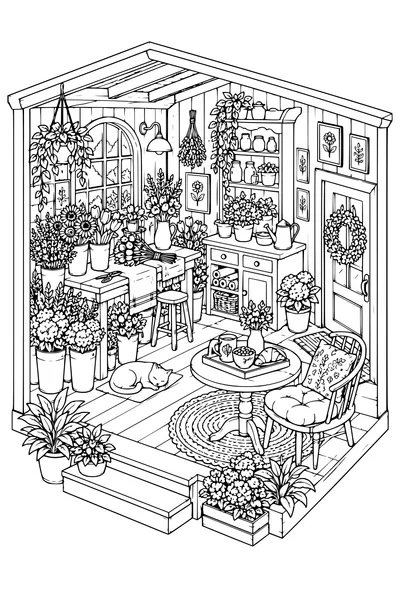 Coloriage: Boutique de fleurs douillette avec un plateau de petit-déjeuner.