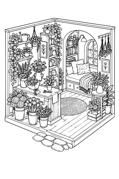 Coloriage: Boutique de fleurs douillette avec un coin lecture.