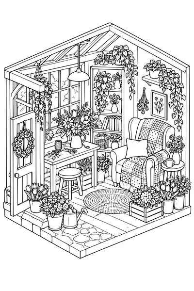 Coloriage: Boutique de fleurs douillette avec une couverture patchwork.