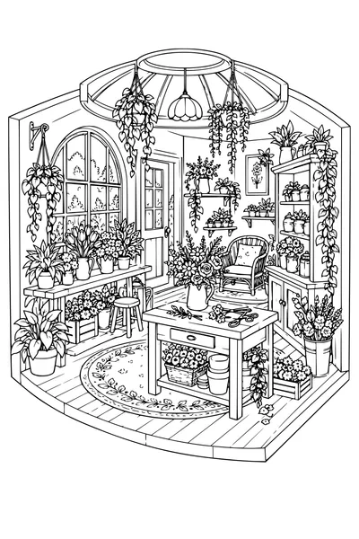 Coloriage: Boutique de fleurs douillette avec une lucarne ronde.