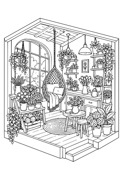 Coloriage: Boutique de fleurs douillette avec un fauteuil suspendu.