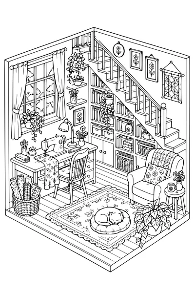 Coloriage: Atelier de couture douillet avec une bibliothèque d’escalier.