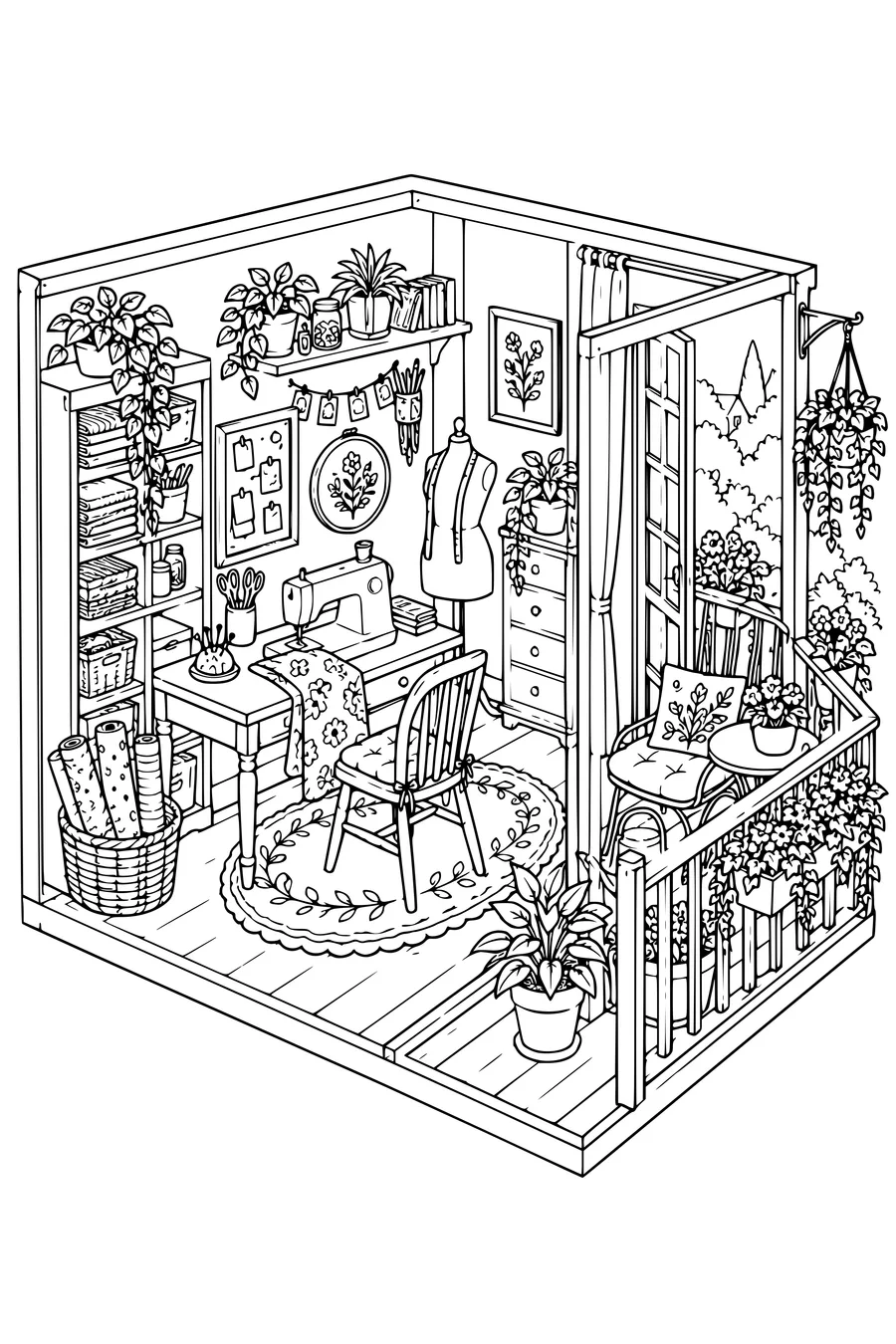 Ausmalbild: Gemütliches Nähzimmer mit Pflanzenbalkon.
