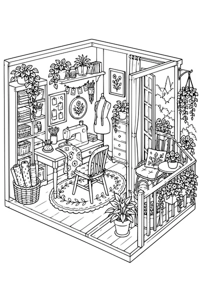 Coloriage: Atelier de couture douillet avec un balcon fleuri.