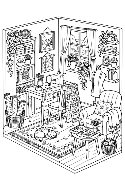 Coloriage: Atelier de couture douillet avec un plateau de petit-déjeuner.