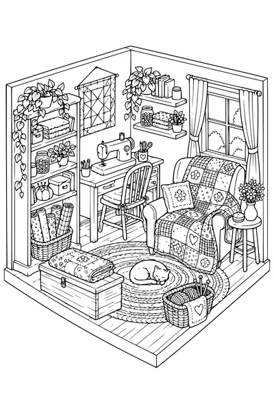 Coloriage: Atelier de couture douillet avec une couverture patchwork.