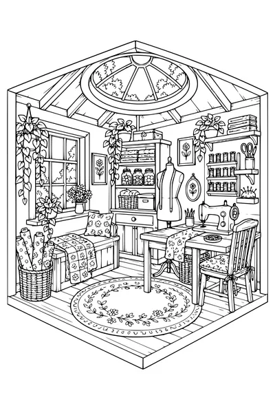 Coloriage: Atelier de couture douillet avec une lucarne ronde.