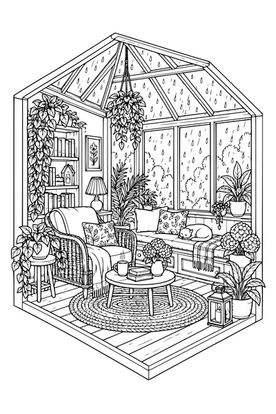Coloriage: Véranda douillette avec une fenêtre pluvieuse.
