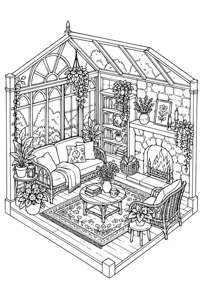 Coloriage: Véranda douillette avec une cheminée.
