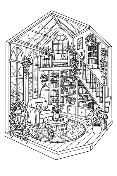 Coloriage: Véranda douillette avec une bibliothèque d’escalier.