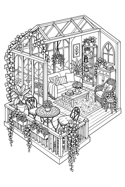 Coloriage: Véranda douillette avec un balcon fleuri.
