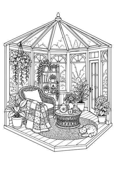 Coloriage: Véranda douillette avec une couverture patchwork.