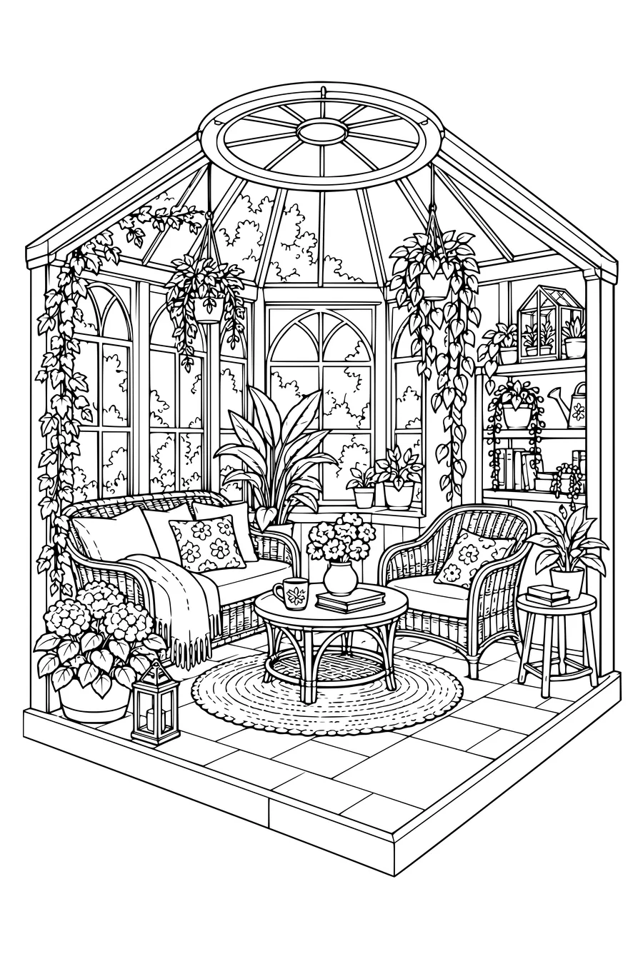 Coloriage: Véranda douillette avec une lucarne ronde.