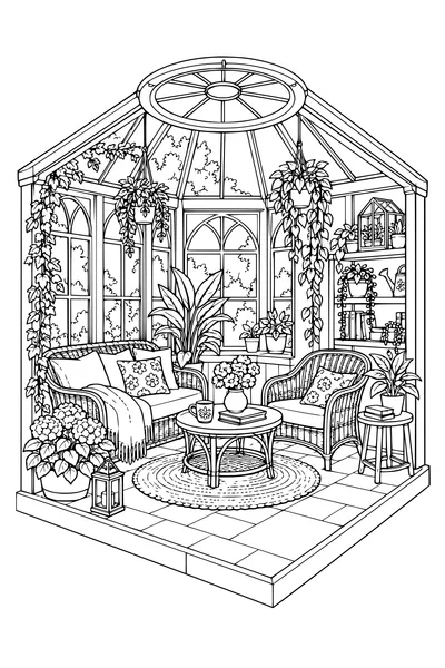 Coloriage: Véranda douillette avec une lucarne ronde.