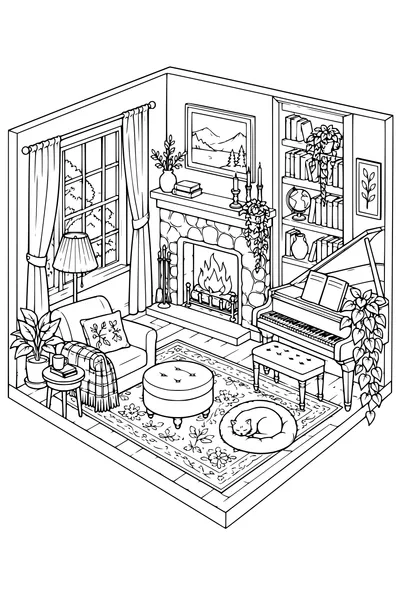 Coloriage: Salon de musique douillet avec une cheminée.