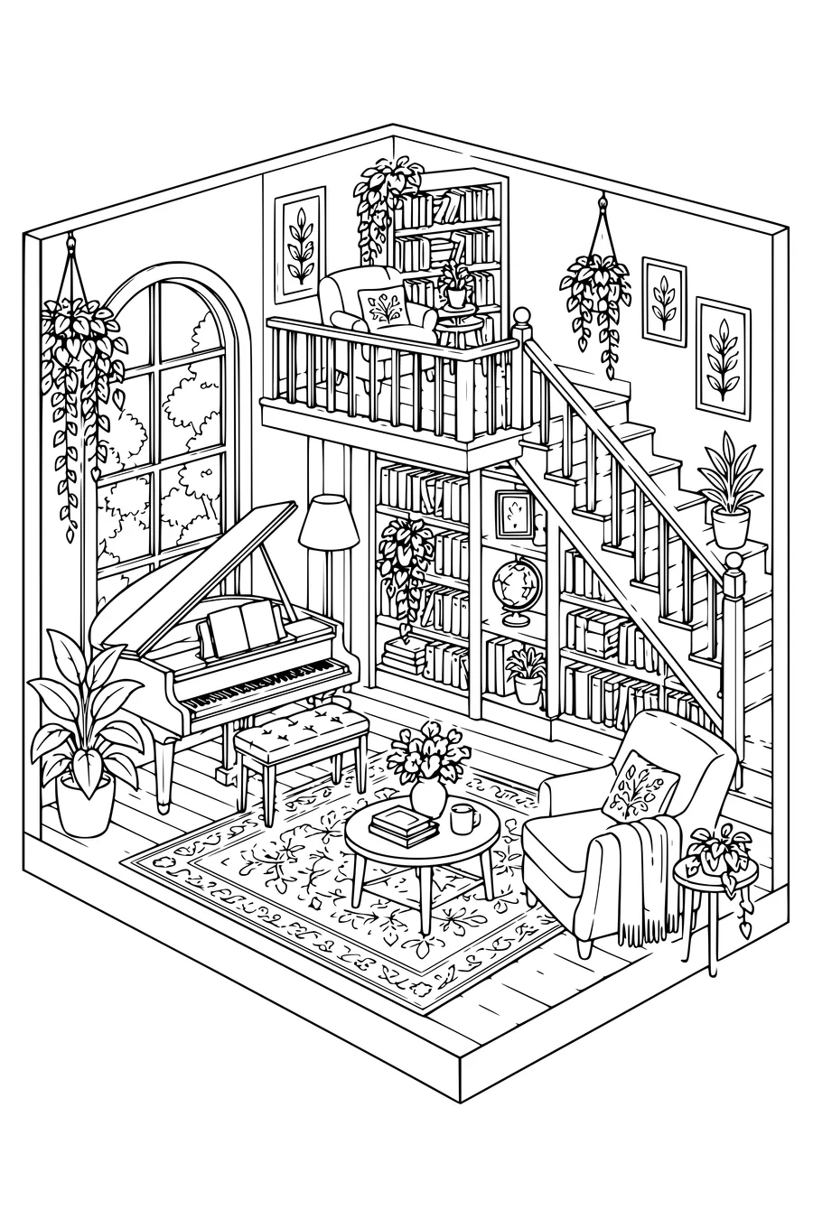 Coloriage: Salon de musique douillet avec une bibliothèque d’escalier.
