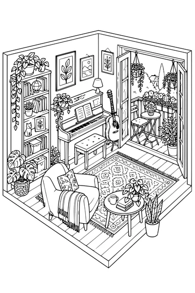 Coloriage: Salon de musique douillet avec un balcon fleuri.
