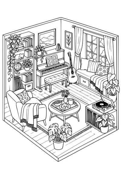 Coloriage: Salon de musique douillet avec un plateau de petit-déjeuner.