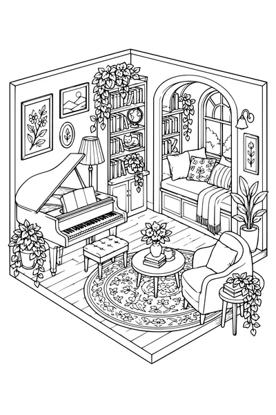 Coloriage: Salon de musique douillet avec un coin lecture.