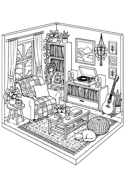Coloriage: Salon de musique douillet avec une couverture patchwork.