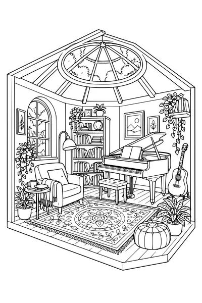 Coloriage: Salon de musique douillet avec une lucarne ronde.