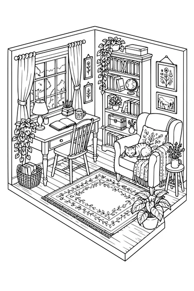Coloriage: Bureau d’écriture douillet avec un chat endormi.