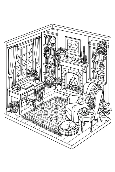 Coloriage: Bureau d’écriture douillet avec une cheminée.