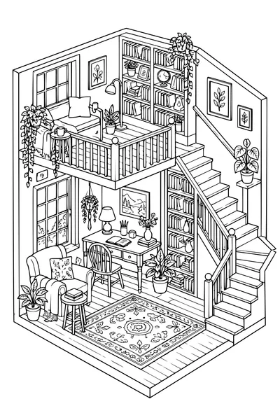 Coloriage: Bureau d’écriture douillet avec une bibliothèque d’escalier.