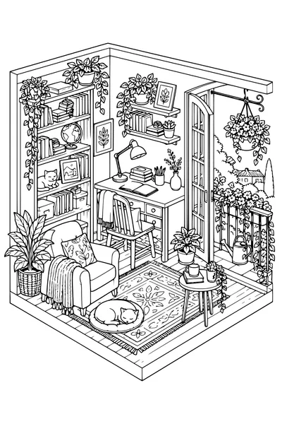 Coloriage: Bureau d’écriture douillet avec un balcon fleuri.