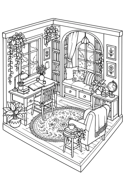 Coloriage: Bureau d’écriture douillet avec un coin lecture.