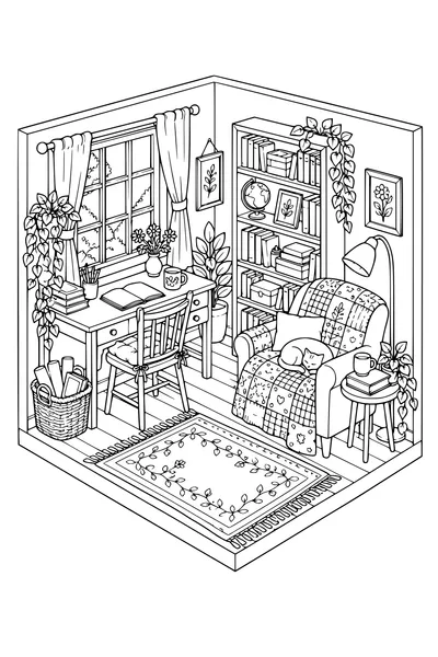 Coloriage: Bureau d’écriture douillet avec une couverture patchwork.