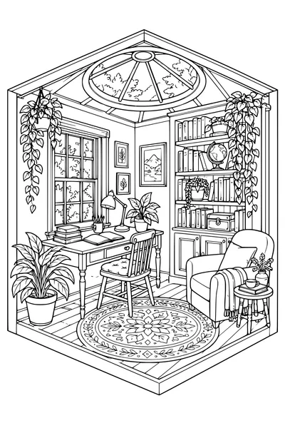 Coloriage: Bureau d’écriture douillet avec une lucarne ronde.